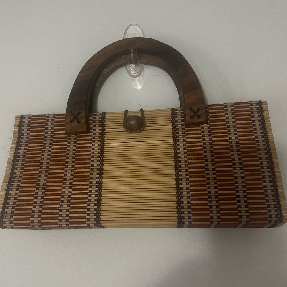 Vintage Collapsible Bamboo Handbag Slatted Double Wooden Handle Rectangle Purse